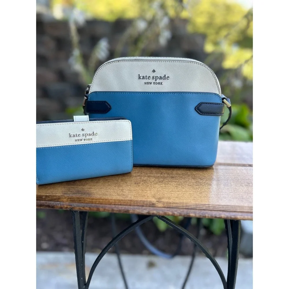 Kate Spade Staci Niagara Blue Colorblock Crossbody Bag Wallet Set EUC Designer